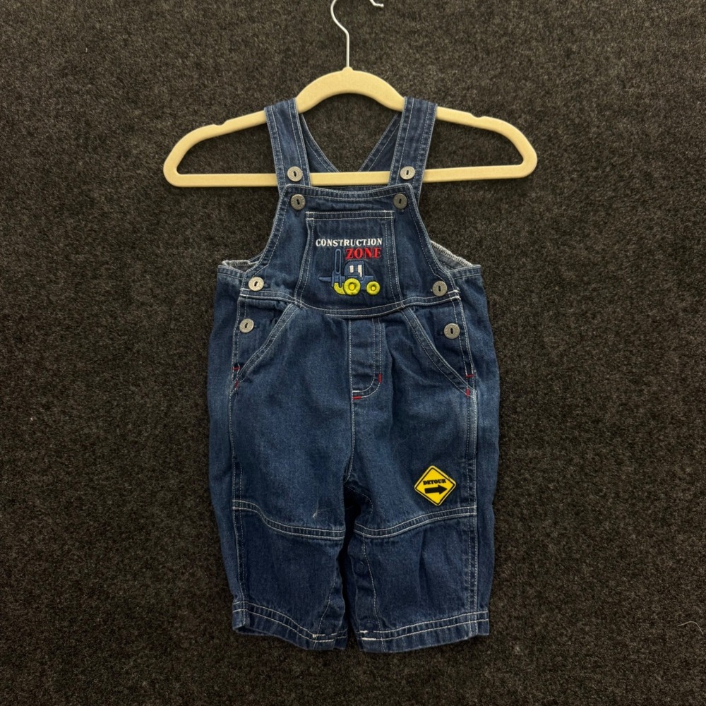 First Moments Vintage 90s Baby Denim Overalls Construction Zone Blue 0-3 Months